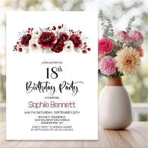 Burgundy Floral 18th Birthday Party Invitation