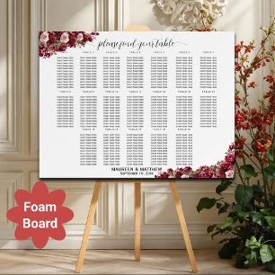 Burgundy Floral 19 Tables Wedding Seating Chart Foam Board