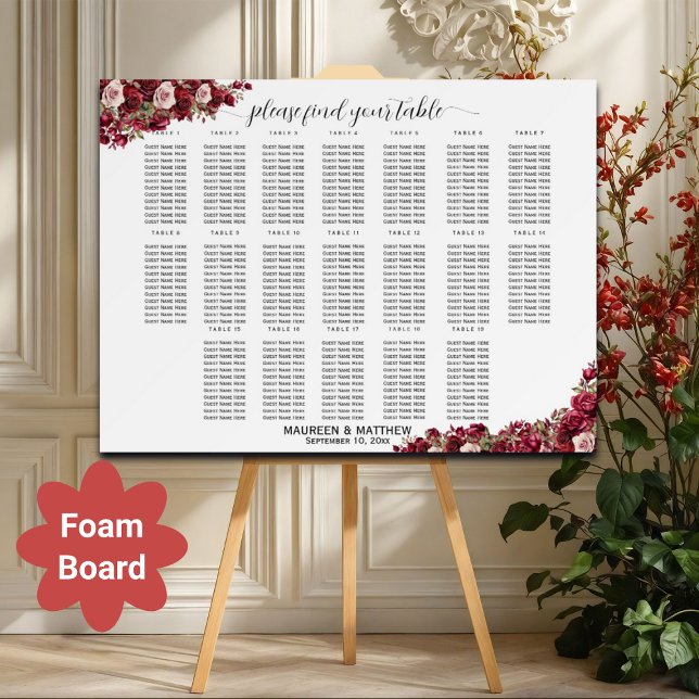 Burgundy Floral 19 Tables Wedding Seating Chart Foam Board (Creator Uploaded)