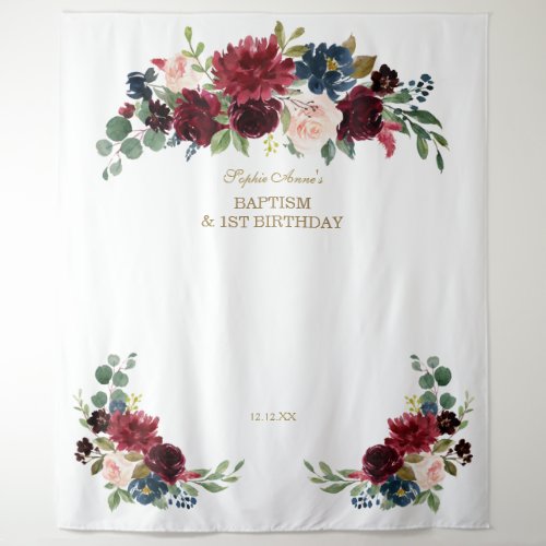Burgundy Floral 1st Birthday Baptism Photo Booth Tapestry