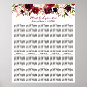 Burgundy Floral 20 Tables Wedding Seating Chart