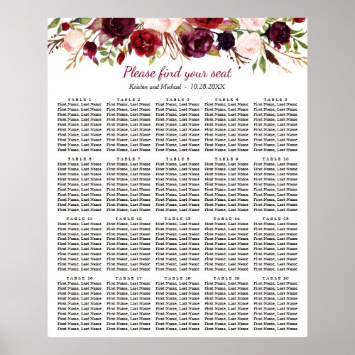 Burgundy Floral 20 Tables Wedding Seating Chart