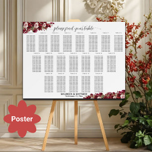 Burgundy Floral 20 Tables Wedding Seating Poster