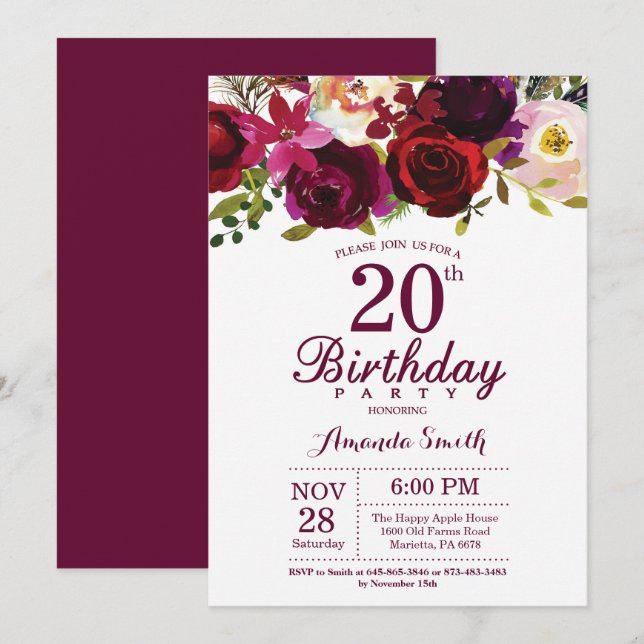 Burgundy Floral 20th Birthday Party Invitation (Front/Back)