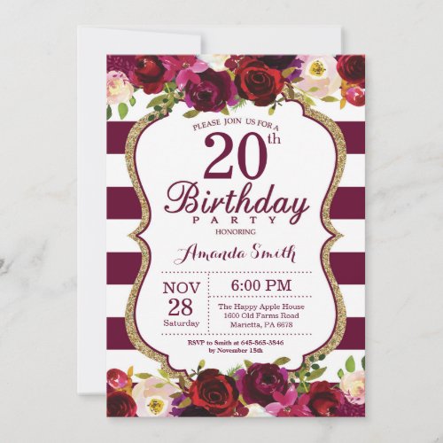 Burgundy Floral 20th Birthday Party Invitation