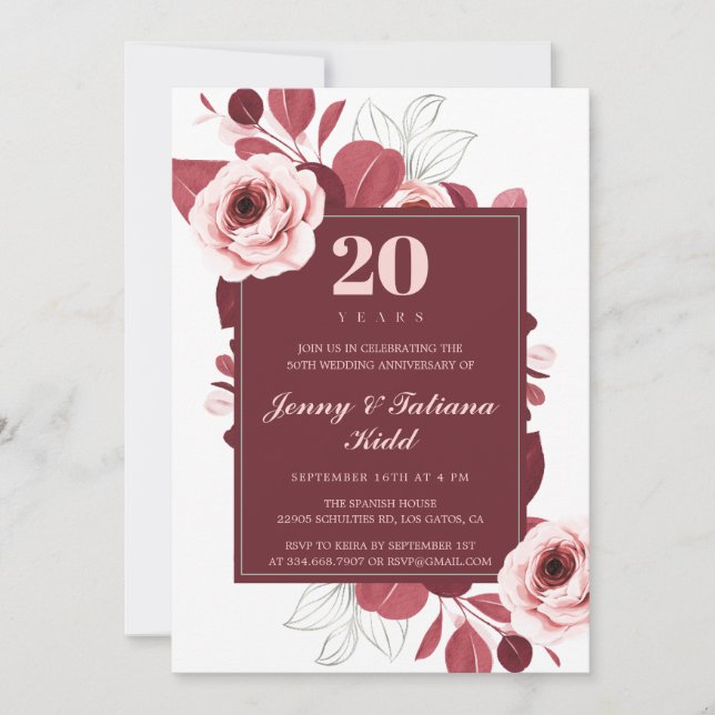 Burgundy Floral 20th wedding anniversary  Invitation (Front)