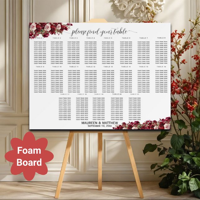 Burgundy Floral 21 Tables Wedding Seating Chart Foam Board (Creator Uploaded)