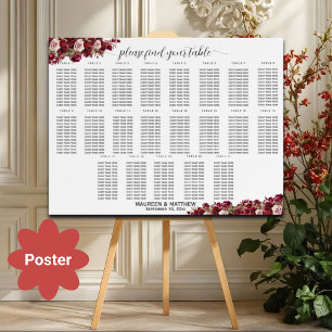 Burgundy Floral 21 Tables Wedding Seating Poster