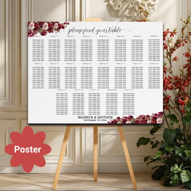 Burgundy Floral 21 Tables Wedding Seating   Poster (Creator Uploaded)