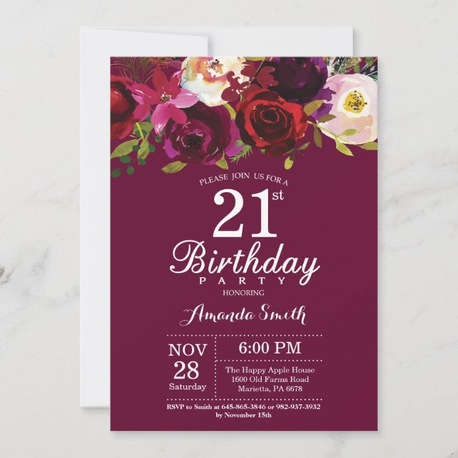 Burgundy Floral 21st Birthday Party Invitation (Front)
