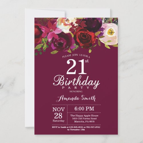 Burgundy Floral 21st Birthday Party Invitation