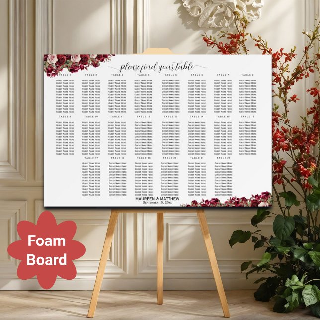 Burgundy Floral 22 Tables Wedding Seating Chart Foam Board (Creator Uploaded)