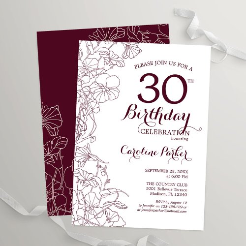 Burgundy Floral 30th Birthday Party Invitation