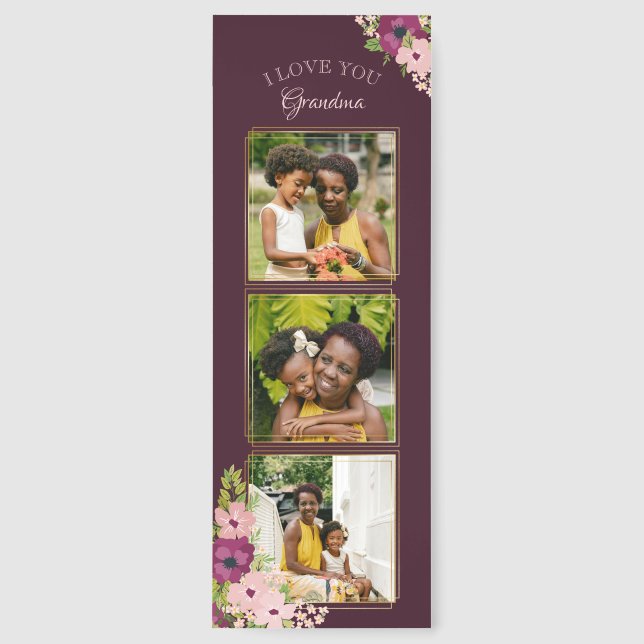 Burgundy Floral 3 Photo I Love You Grandma Bookmarks (Front)