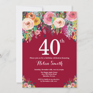 Burgundy Floral 40th Birthday Invitation
