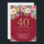 Burgundy Floral 40th Birthday Invitation Gold<br><div class="desc">Burgundy Floral 40th Birthday Invitation for Women. Watercolor Floral Flower. Black and Gold Glitter. Pink,  Yellow,  Orange,  Purple Flower. Adult Birthday. For further customization,  please click the "Customize it" button and use our design tool to modify this template.</div>