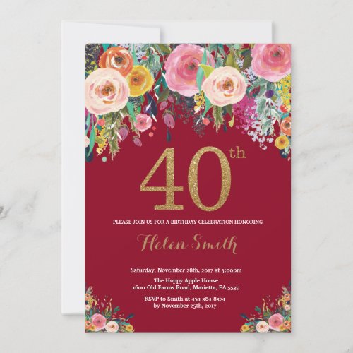 Burgundy Floral 40th Birthday Invitation Gold