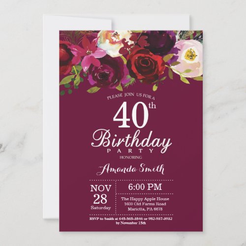 Burgundy Floral 40th Birthday Party Invitation