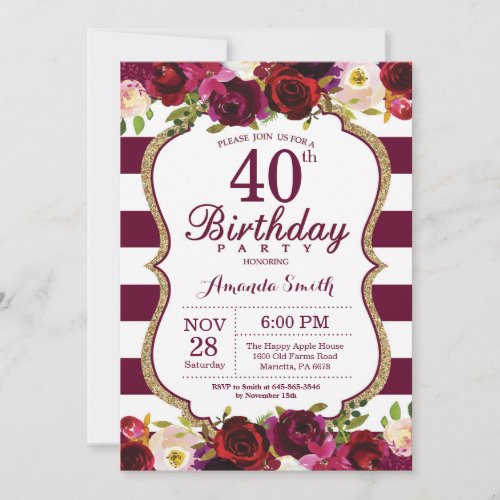 Burgundy Floral 40th Birthday Party Invitation