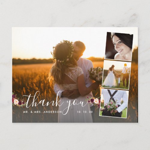 Burgundy Floral 4 Photo Collage Wedding Thank You Postcard