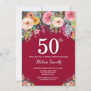 Burgundy Floral 50th Birthday Invitation
