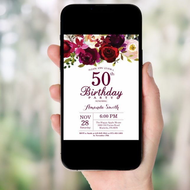 Burgundy Floral 50th Birthday Party Invitation (Front Digital)