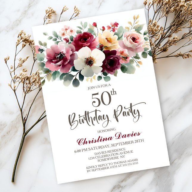 Burgundy Floral 50th Birthday Party Invitation (Creator Uploaded)