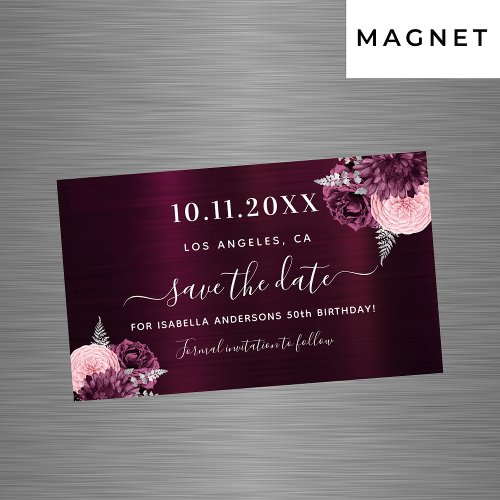 Burgundy floral 50th birthday Save the Date magnet