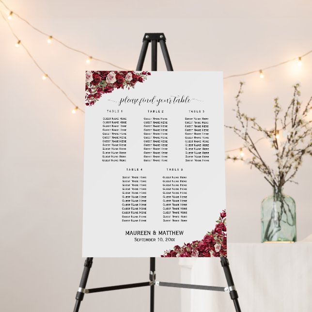 Burgundy Floral 5 Tables Wedding Seating Chart Foam Board (In Situ (Stand))
