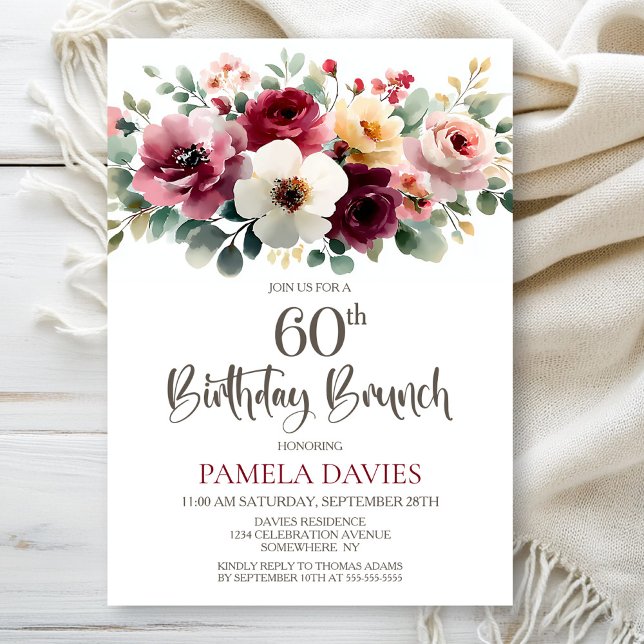 Burgundy Floral 60th Birthday Brunch Invitation (Creator Uploaded)