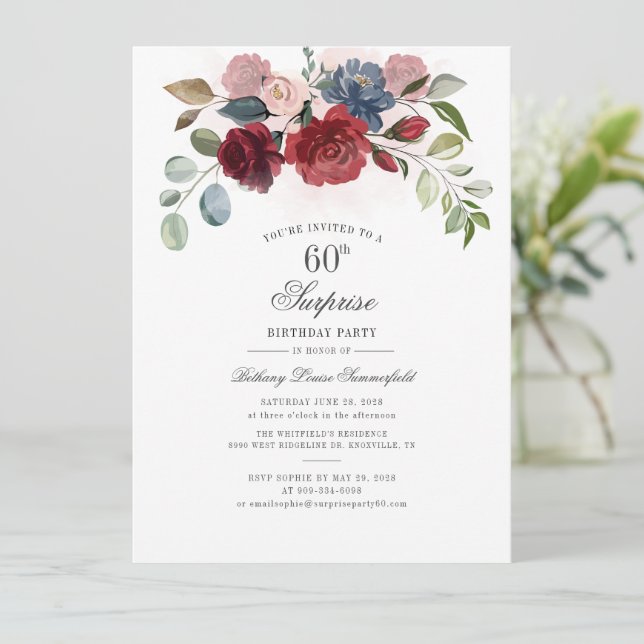 Burgundy Floral 60th Birthday Party Invitation (Standing Front)