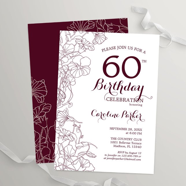 Burgundy Floral 60th Birthday Party Invitation (Creator Uploaded)