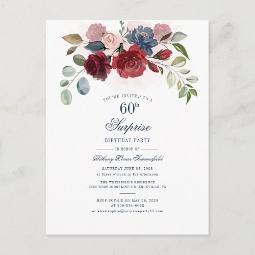 Burgundy Floral 60th Birthday Surprise Party Invitation Postcard