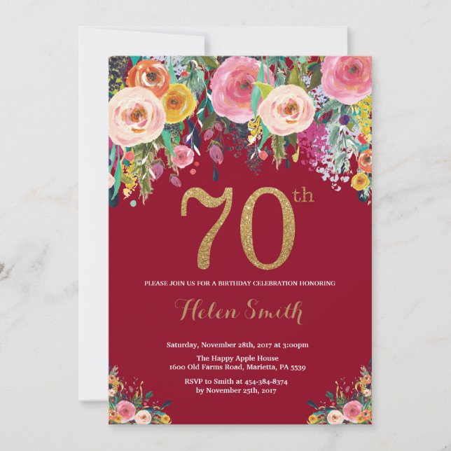 Burgundy Floral 70th Birthday Invitation Gold (Front)