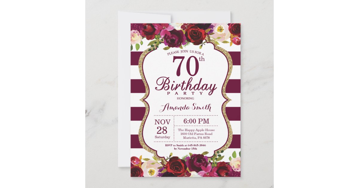 Burgundy Floral 70th Birthday Party Invitation