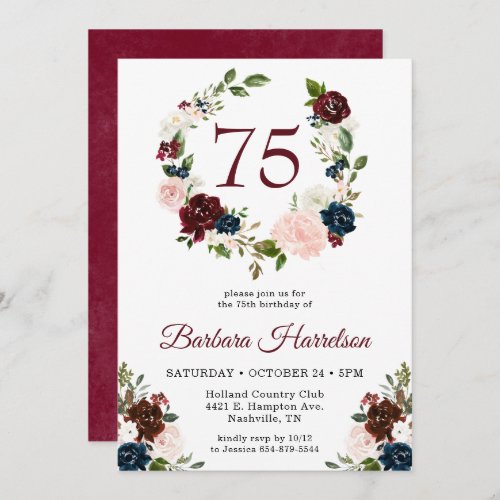 Burgundy Floral 75th Birthday Invitation