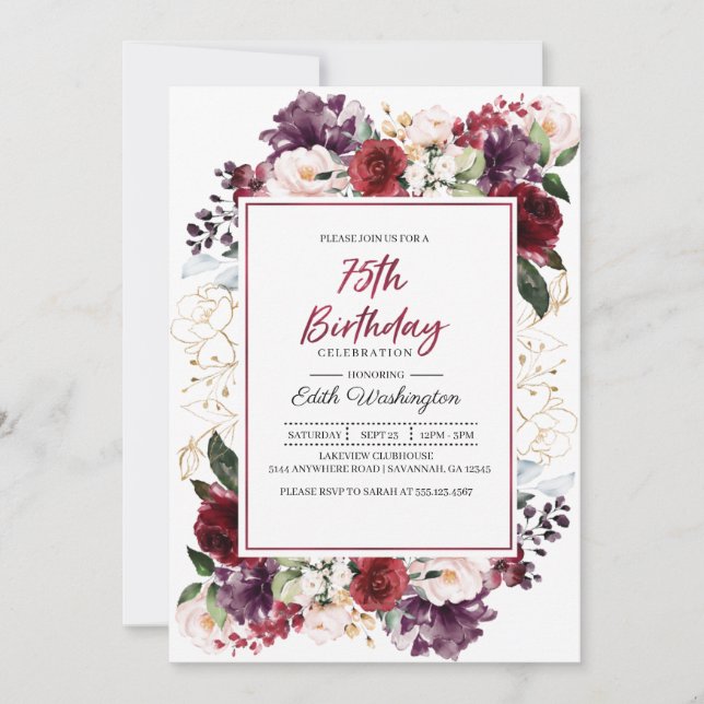 Burgundy Floral 75th Birthday Invitation (Front)