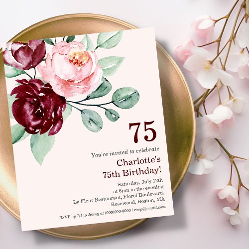 Burgundy Floral 75th Budget Birthday Invitation