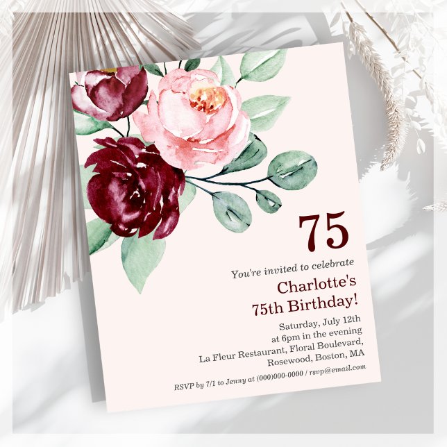 Burgundy Floral 75th Budget Birthday Invitation (Creator Uploaded)