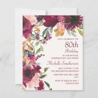 Burgundy Floral 80th Birthday Grandmother | Zazzle