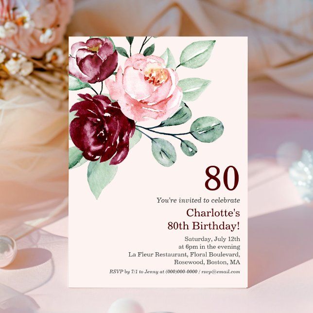 Burgundy Floral 80th Birthday Invitation (Creator Uploaded)