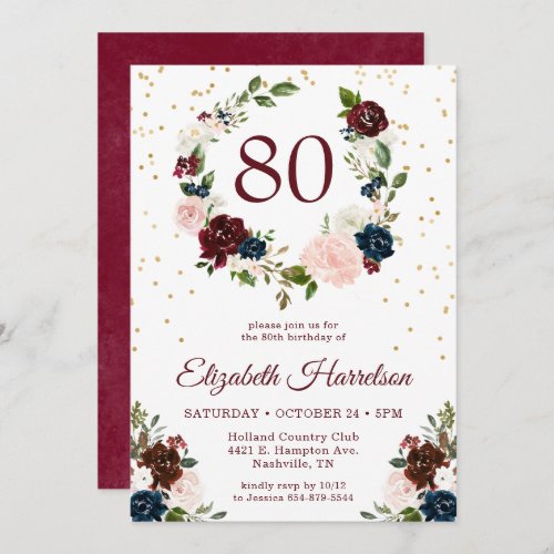 Burgundy Floral 80th Birthday Invitation