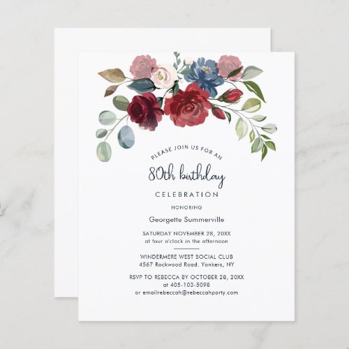 Burgundy Floral 80th Birthday Party Invitation