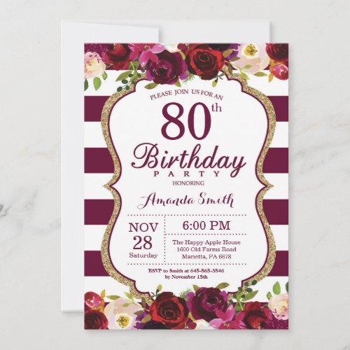 Burgundy Floral 80th Birthday Party Invitation