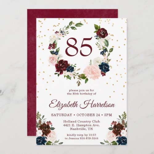 Burgundy Floral 85th Birthday Invitation