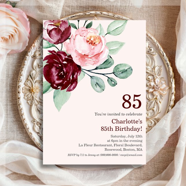 Burgundy Floral 85th Birthday Invitation (Creator Uploaded)