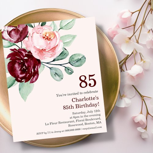 Burgundy Floral 85th Budget Birthday Invitation