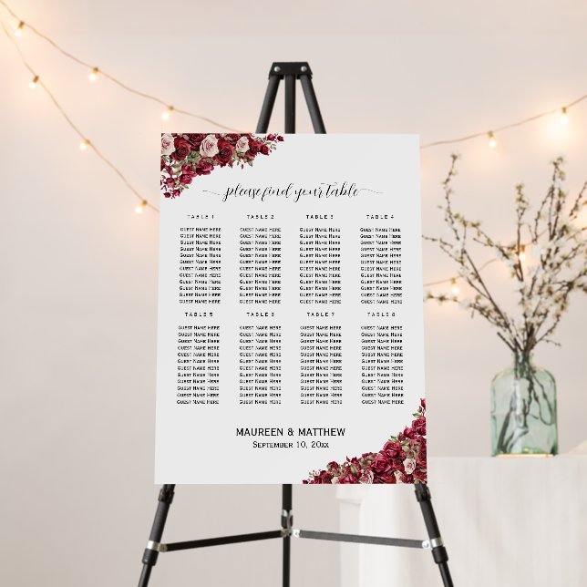 Burgundy Floral 8 Tables Wedding Seating Chart Foam Board (In Situ (Stand))