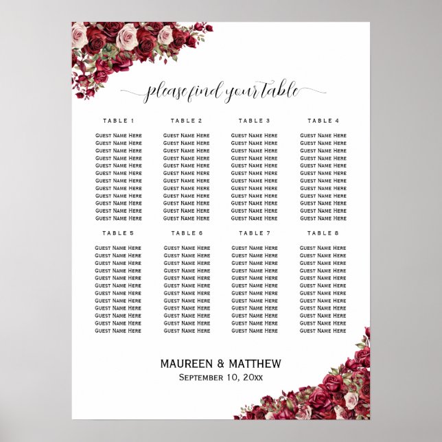 Burgundy Floral 8 Tables Wedding Seating   Poster (Front)