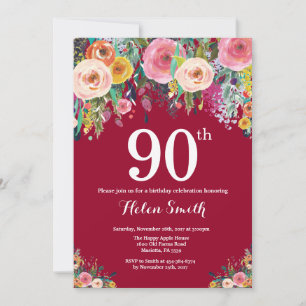 Burgundy Floral 90th Birthday Invitation